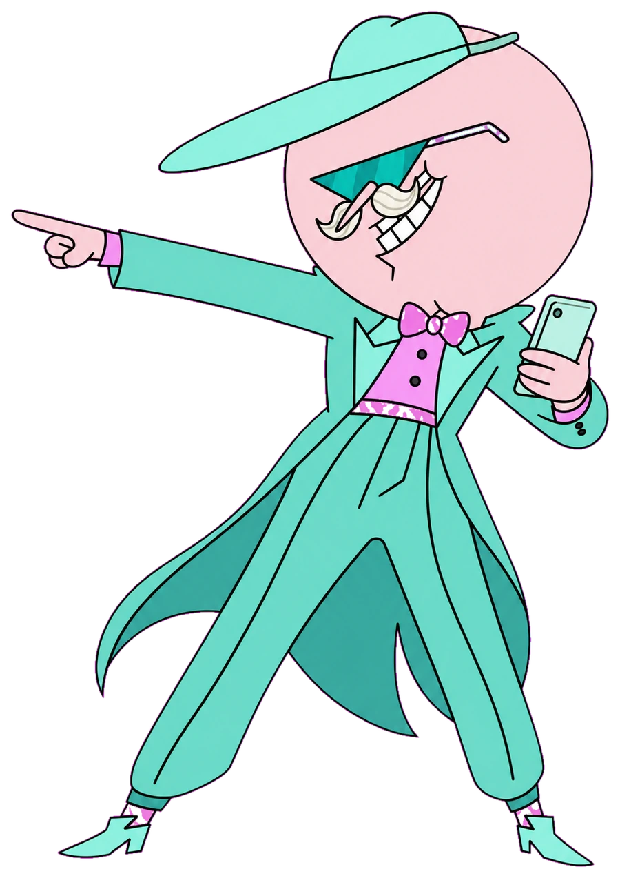 Boba Cazanova, a dapper cartoon gentleman in a mint tailcoat and teal shades, pointing at the headline while holding a phone